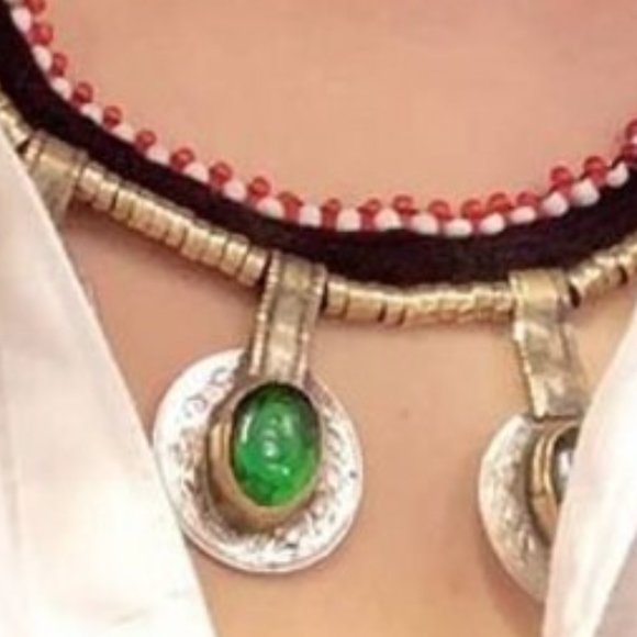 Afghan Stone Embedded Coins Necklace, Afghan Choker Necklace, Vintage Tribal - Picture 5 of 6